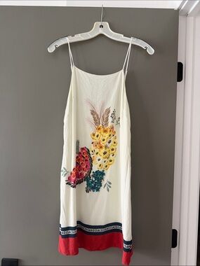 FARM Rio Cream Midi Slip Dress with Multicolor Floral and Red Hem